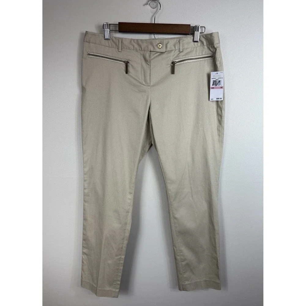 Michael Kors Pants Womens Sz 10 Tan Zip Pocket Slim Ankle Stretch Preppy Classic